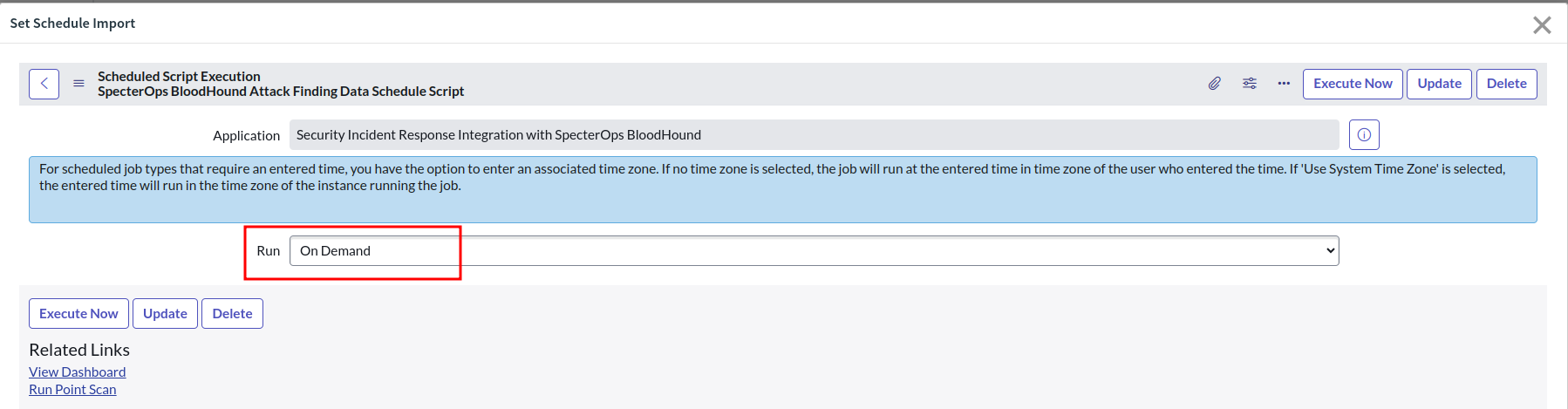 A view of the ServiceNow user interface showing the process of configuring the import schedule for fetching attack path findings from BloodHound Enterprise.
