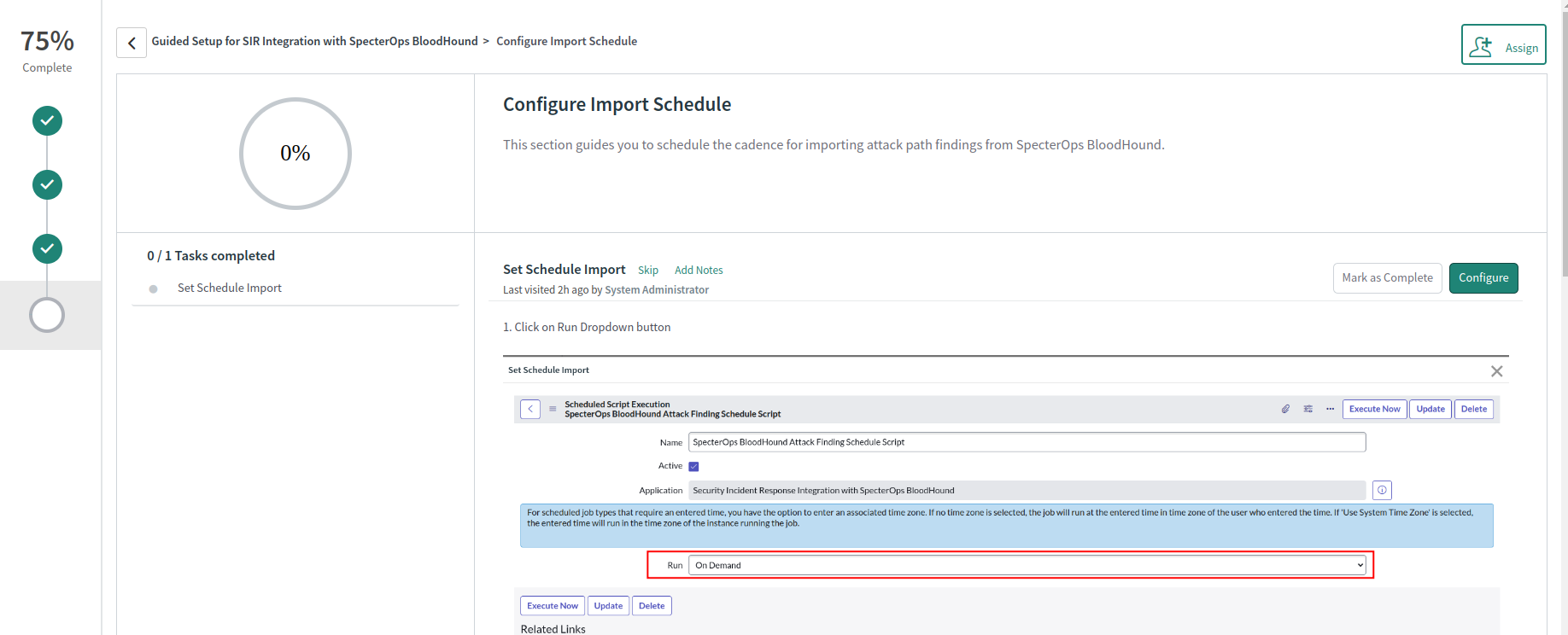 A view of the ServiceNow user interface showing the process of configuring the import schedule for fetching attack path findings from BloodHound Enterprise.