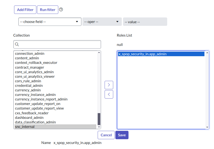 A view of the ServiceNow user interface showing the process of assigning the x_spop_security_in.app_admin role to a new service account user.