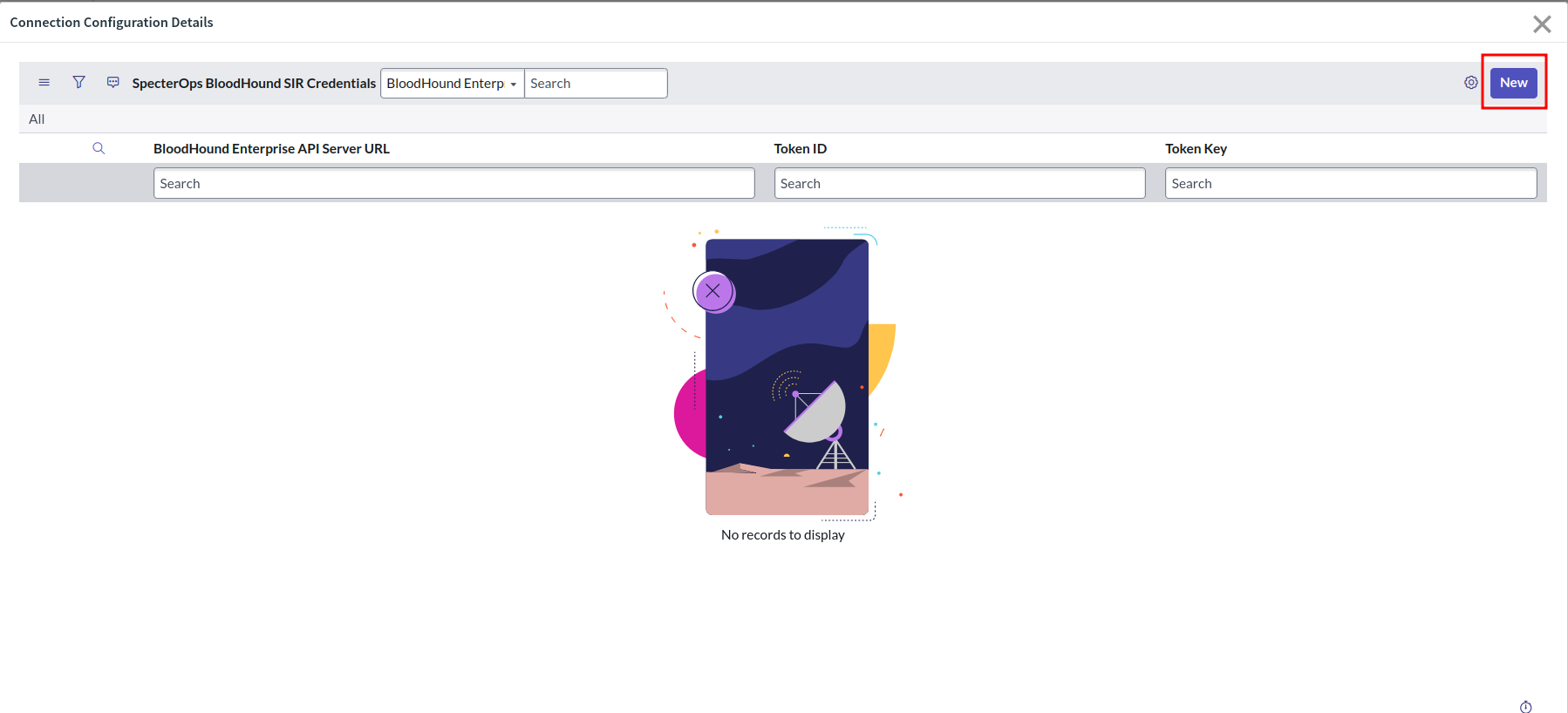 A view of the ServiceNow user interface showing the process of adding a new set of credentials for connecting to a BloodHound Enterprise tenant.